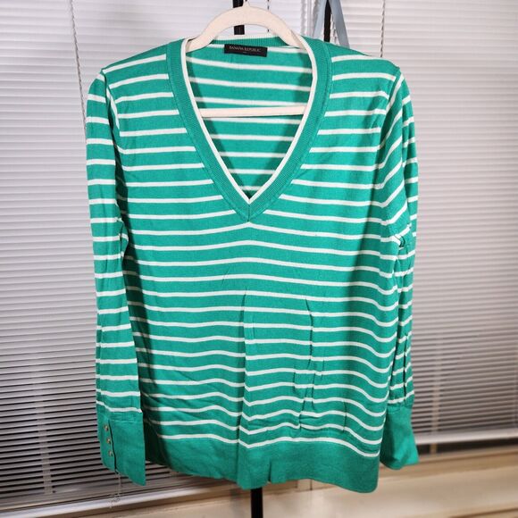 Banana Republic XL $120 V-Neck Cotton Cashmere Wool Green White Striped Sweater - Picture 1 of 8